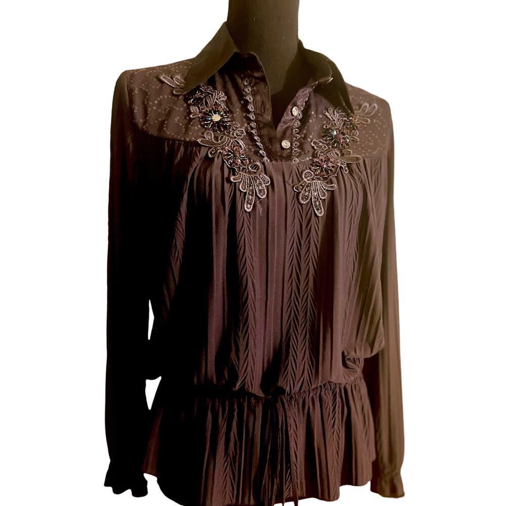Elegant Pleated Jewel Embellished Blouse Size Medium